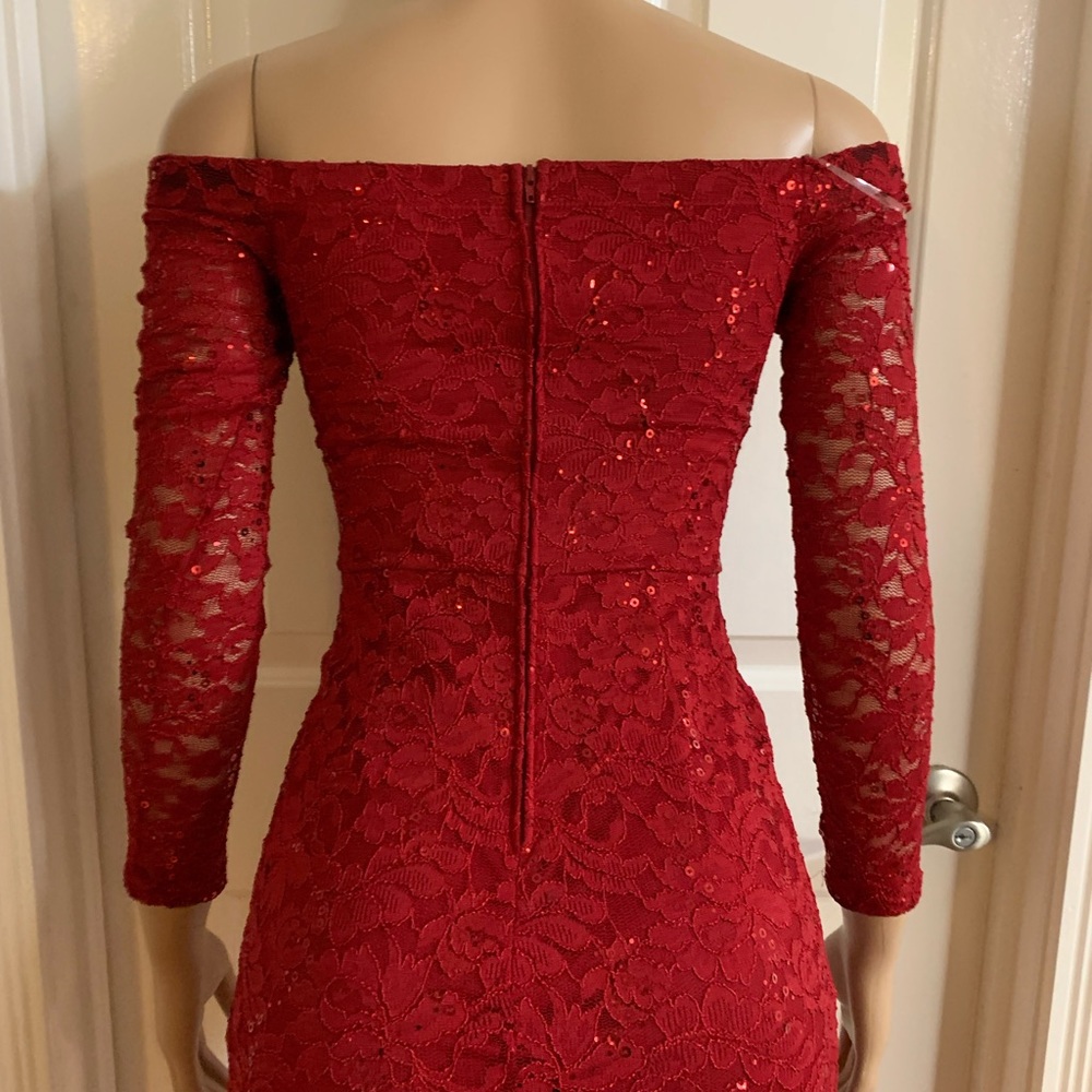 Women junior red lace sequins shoulder off long sleeve maxi dress size (S) - Picture 7 of 10